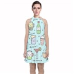 Drinks Cocktails Doodle Coffee Velvet Halter Neckline Dress 