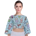 Drinks Cocktails Doodle Coffee Tie Back Butterfly Sleeve Chiffon Top