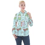 Drinks Cocktails Doodle Coffee Women s Long Sleeve Pocket Shirt