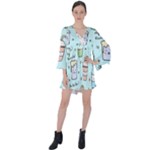 Drinks Cocktails Doodle Coffee V-Neck Flare Sleeve Mini Dress