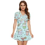 Drinks Cocktails Doodle Coffee V-Neck High Waist Chiffon Mini Dress