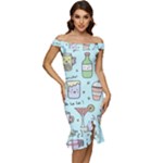 Drinks Cocktails Doodle Coffee Off Shoulder Ruffle Split Hem Bodycon Dress