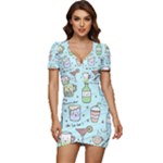 Drinks Cocktails Doodle Coffee Low Cut Cap Sleeve Mini Dress