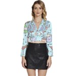 Drinks Cocktails Doodle Coffee Long Sleeve Tie Back Satin Wrap Top