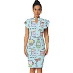 Drinks Cocktails Doodle Coffee Vintage Frill Sleeve V-Neck Bodycon Dress