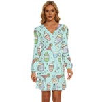 Drinks Cocktails Doodle Coffee Long Sleeve Waist Tie Ruffle Velvet Dress