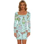 Drinks Cocktails Doodle Coffee Long Sleeve Square Neck Bodycon Velvet Dress