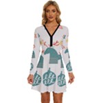 Reindeer Stars Socks Stick Long Sleeve Deep V Mini Dress 