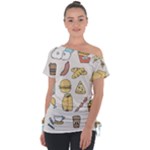 Dinner Meal Food Snack Fast Food Off Shoulder Tie-Up T-Shirt