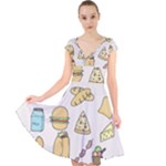 Dinner Meal Food Snack Fast Food Cap Sleeve Front Wrap Midi Dress