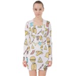 Dinner Meal Food Snack Fast Food V-neck Bodycon Long Sleeve Dress