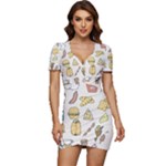 Dinner Meal Food Snack Fast Food Low Cut Cap Sleeve Mini Dress