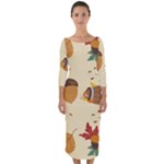 Leaves Foliage Acorns Barrel Quarter Sleeve Midi Bodycon Dress