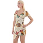 Leaves Foliage Acorns Barrel Short Sleeve Asymmetric Mini Dress