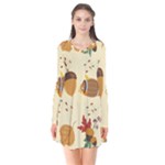 Leaves Foliage Acorns Barrel Long Sleeve V-neck Flare Dress