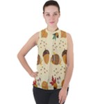 Leaves Foliage Acorns Barrel Mock Neck Chiffon Sleeveless Top