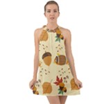 Leaves Foliage Acorns Barrel Halter Tie Back Chiffon Dress