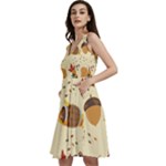 Leaves Foliage Acorns Barrel Sleeveless V-Neck Skater Dress with Pockets