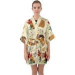 Leaves Foliage Acorns Barrel Half Sleeve Satin Kimono 