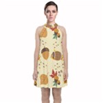 Leaves Foliage Acorns Barrel Velvet Halter Neckline Dress 
