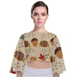 Leaves Foliage Acorns Barrel Tie Back Butterfly Sleeve Chiffon Top