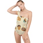 Leaves Foliage Acorns Barrel Frilly One Shoulder Swimsuit