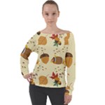 Leaves Foliage Acorns Barrel Off Shoulder Long Sleeve Velour Top