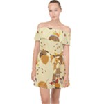 Leaves Foliage Acorns Barrel Off Shoulder Chiffon Dress