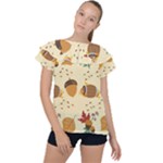 Leaves Foliage Acorns Barrel Ruffle Collar Chiffon Blouse