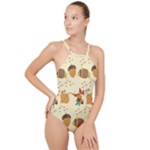 Leaves Foliage Acorns Barrel High Neck One Piece Swimsuit