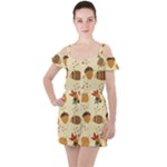 Leaves Foliage Acorns Barrel Ruffle Cut Out Chiffon Playsuit