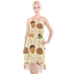Leaves Foliage Acorns Barrel High-Low Halter Chiffon Dress 