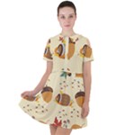 Leaves Foliage Acorns Barrel Short Sleeve Shoulder Cut Out Dress 