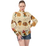 Leaves Foliage Acorns Barrel High Neck Long Sleeve Chiffon Top