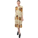 Leaves Foliage Acorns Barrel Ruffle End Midi Chiffon Dress
