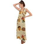 Leaves Foliage Acorns Barrel V-Neck Chiffon Maxi Dress
