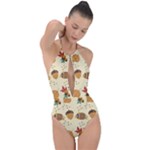 Leaves Foliage Acorns Barrel Plunge Cut Halter Swimsuit