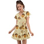 Leaves Foliage Acorns Barrel Flutter Sleeve Wrap Dress