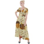 Leaves Foliage Acorns Barrel Button Up Short Sleeve Maxi Dress