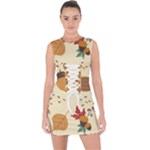 Leaves Foliage Acorns Barrel Lace Up Front Bodycon Dress