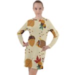 Leaves Foliage Acorns Barrel Long Sleeve Hoodie Dress