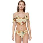 Leaves Foliage Acorns Barrel Ruffle Edge Tie Up Bikini Set	