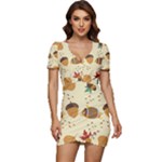 Leaves Foliage Acorns Barrel Low Cut Cap Sleeve Mini Dress