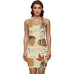 Leaves Foliage Acorns Barrel Sleeveless Wide Square Neckline Ruched Bodycon Dress