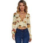 Leaves Foliage Acorns Barrel Long Sleeve Deep-V Velour Top