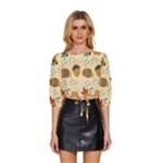 Leaves Foliage Acorns Barrel Mid Sleeve Drawstring Hem Top