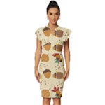 Leaves Foliage Acorns Barrel Vintage Frill Sleeve V-Neck Bodycon Dress