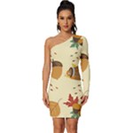 Leaves Foliage Acorns Barrel Long Sleeve One Shoulder Mini Dress