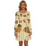 Leaves Foliage Acorns Barrel Long Sleeve Wide Neck Velvet Dress