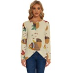 Leaves Foliage Acorns Barrel Long Sleeve Crew Neck Pullover Top